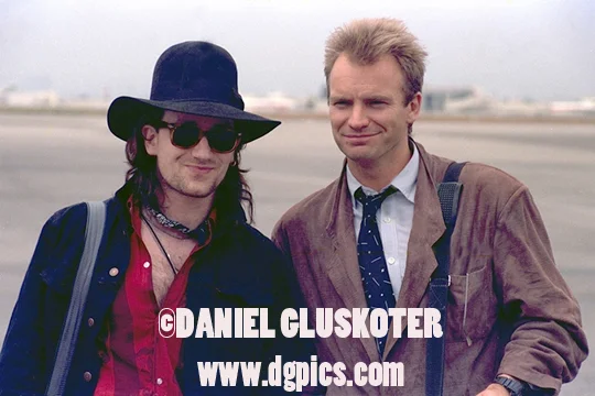 Sting and Bono on the tarmac at Los Angeles International Airport prior to a 1988 Amnesty International performance.